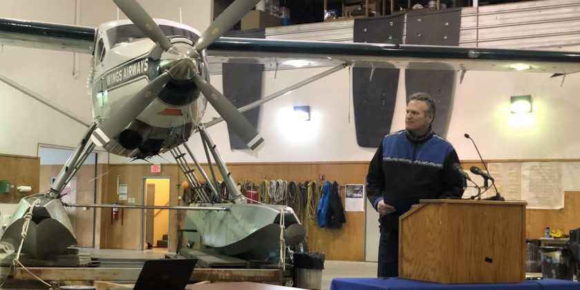 Alaska Governor Mike Dunleavy holding a news conference in Juneau at the hangar for Wings Airways (Photo: Chris Gray Faust/Cruise Critic)