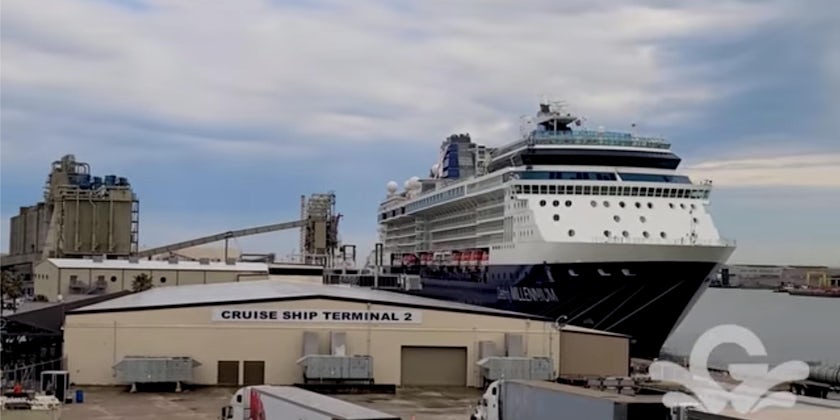 Exterior shot of Celebrity Millennium docked at the Port of Galveston