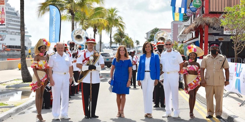 Crystal Cruises officers, staff and local officials gathered to celebrate Crystal Serenity's first sailings from Nassau. 