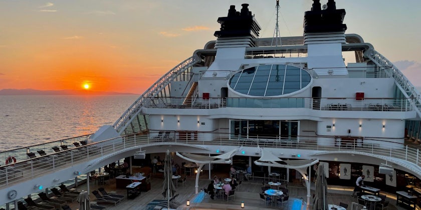 Seabourn Ovation departs Greece at sunset on July 3, 2021