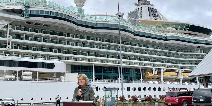 Alaskan Senator Lisa Murkowski speaks in Ketchikan following the arrival of Serenade of the Seas on July 9, 2021.