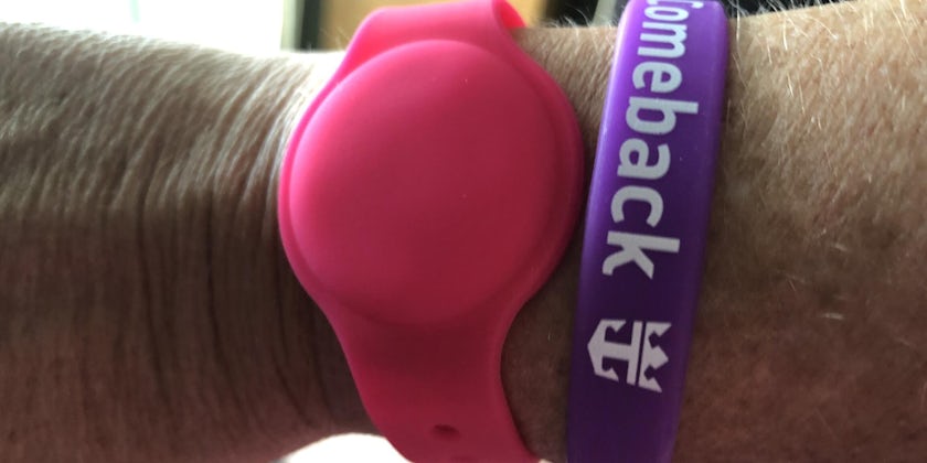 Royal Caribbean's tracelet (pink) and a purple wristband that indicates vaccination (Photo: Chris Gray Faust)