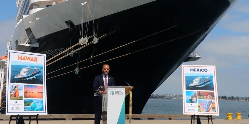 Holland America Line CEO Gus Antorcha speaks in front of Koningsdam in San Diego. (Photo: Holland America Line)