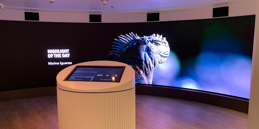 The interactive digital video wall in the Silver Origin's Basecamp is a cool way to supplement learning during a Galapagos cruise. (Photo: Fran Golden)