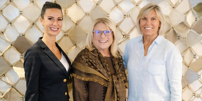 Captain Kate McCue, Celebrity CEO Lisa Lutoff-Perlo and Captain Sandy Yawn pose onboard Celebrity Beyond. (Photo: Lisa Lutoff-Perlo, Twitter)