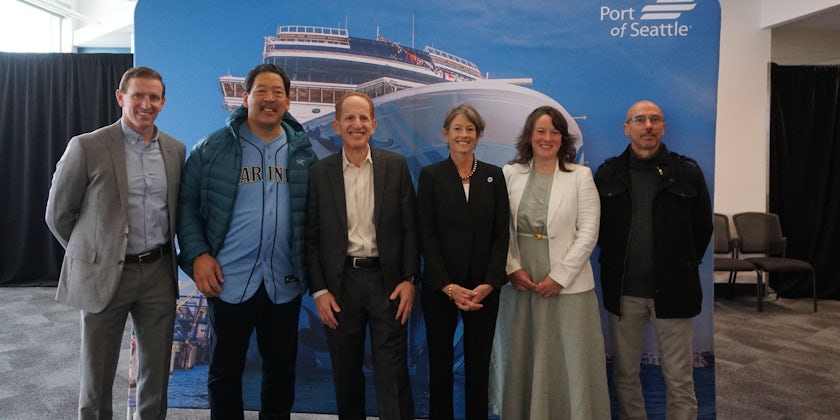 NCL's Harry Sommer, center, joins a celebration as Norwegian Cruise Line returns to Alaska in 2022. (Photo: Kyle Valenta)