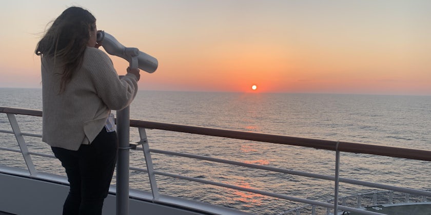 Scoping out a North Atlantic sunset on Le Commandant Charcot. (Photo: Jayne Clark)