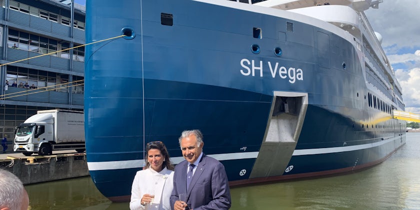 Swan Hellenic CEO Andreas Zito with wife and godmother Patrizia Passalaqua (Photo by Adam Coulter)