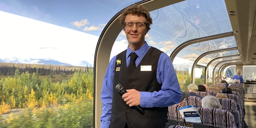 Guide on the Denali Star train with Princess in Alaska (Photo/Tim Johnson)