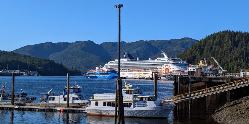 Ocean Victory sits next to Norwegian Sun in Ward Cove, outside of Ketchikan. (Photo: Colleen McDaniel)