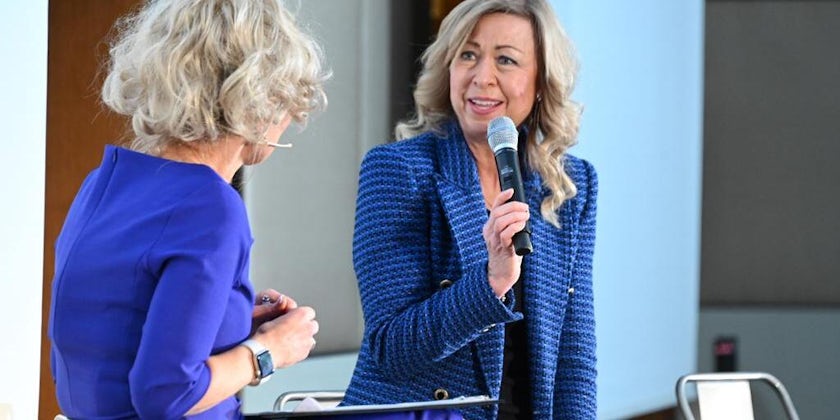 Kristin Karst, the Executive Vice President, Co-founder and Co-owner of AmaWaterways talks to Lucy Huxley at the CLIA River Cruise Conference (Photo: Jeannine Williamson)