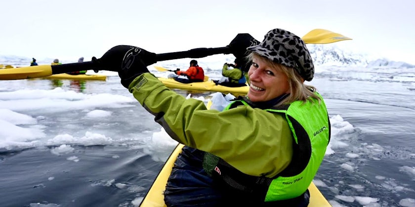 Sara Macefield kayaking in Antarctica on a Silver Endeavour excursion (Photo: Sara Macefield)
