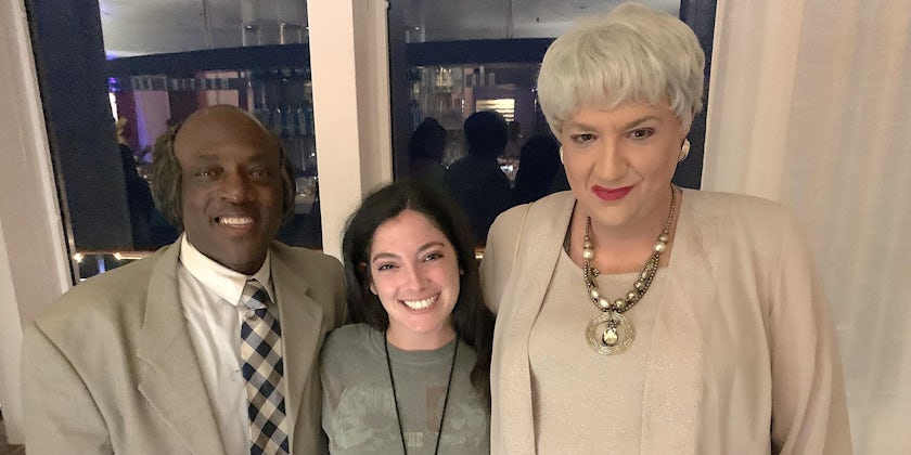 Marilyn  Borth from Cruise Critic (center) with guests dressed as Stanley (left) and Dorothy (right) from the Golden Girls