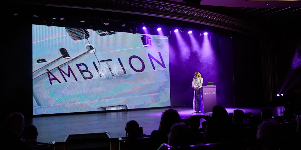 Ambition godmother Shirley Robertson OBE presses the red button to christen Ambition (Photo: Deb Stone)