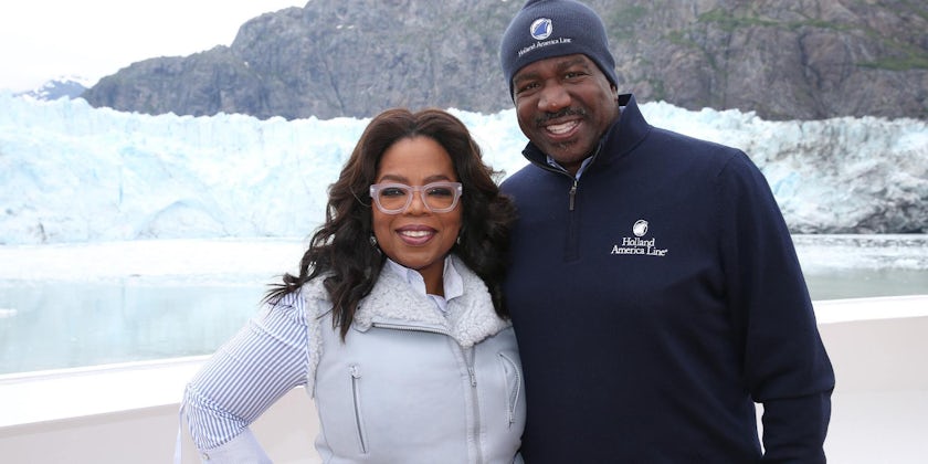Oprah with President Orlando Ashford in Glacier Bay on board Eurodam (Photo: Holland America)