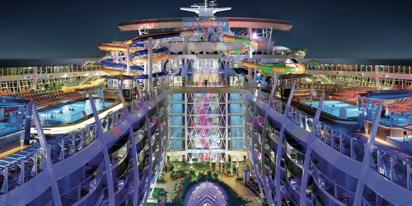 The top deck on Harmony of the Seas with a view of the pools, Perfect Storm waterslide and Central Park (Photo: Royal Caribbean)
