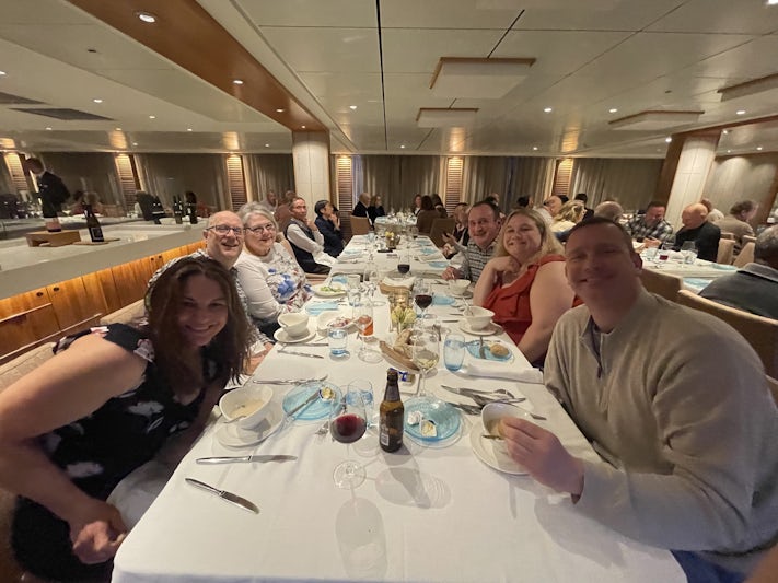 Our group are all enjoying a meal together on the ship.  Our waiter Alekander took the photo.  He was fabulous.