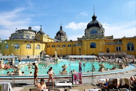 Outdoor hot pools at Szechenyi public baths in Budapest