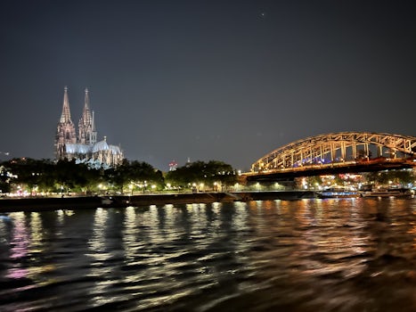 Cologne Cathedral from the river at night.