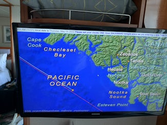This is the navigation app on the room TV showing us off the coast of Vancouver Island when in reality we were in Seattle.  The app worked as far as the first port (Icy Strait), then went down and didn't come back until the last day ... when it froze.