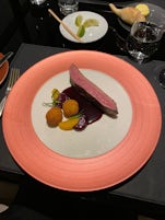 A spectacular duck entree with potato croquettes and lovely fruit based sauce from Lumiere.