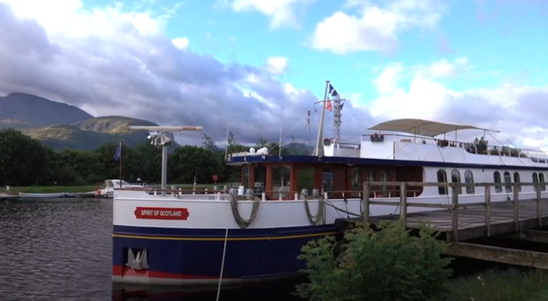 European Waterways Spirit of Scotland hotel barge on the Caledonian Canal.