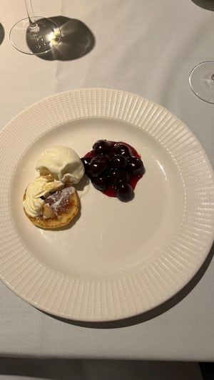Pancake (tiny!) jubilee for dessert at the Chef's Table on formal night.
