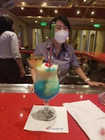 Twilight Zone frozen drink. Pina Colada with blue curacao