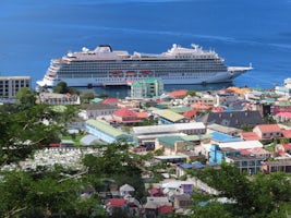 Viking Sea in port Dominica.  While it looks large, it is small in comparison with the really large cruise ships.