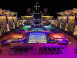 The pool deck at night