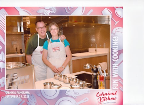 This is a photo of my wife and I on the Carnival Kitchen. We took a pasta, ice cream and a pie making class. This is well worth the $30 extra charge each for a one hour class. I highly recommend this; get your reservations early!!! The seating is limited to 14 people per class. 