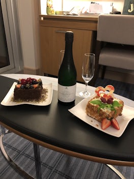 Complementary champagne and baked goods for our anniversary!