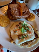 Sea Day Brunch - hashbrown rounds, huervos rancheros, and french toast- delicioius!