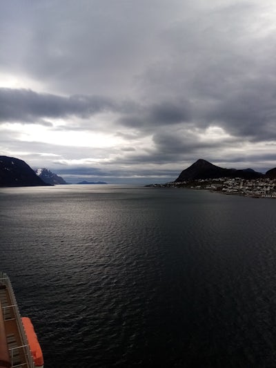 cruising into Norwegian fjord 