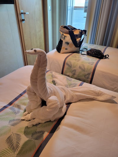 One of the towel animals and cabin. I could touch my roommates bed while lying in mines. It was too close.