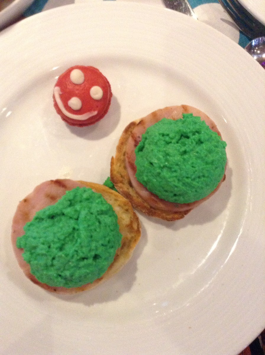 Dr. Seuss!!  It's green eggs and ham.  Granddaughters loved it!