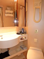 Very compact, small shower, will not be enlarged at refit.