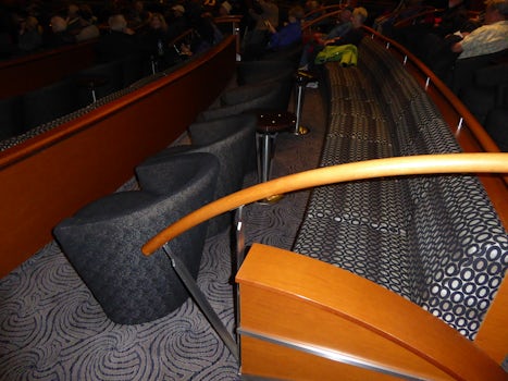 Railings block passage to seats in theater; very cramped seating.