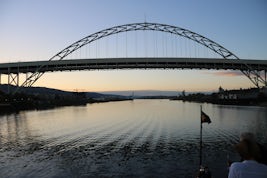 Sunrise behind one of the many bridges on the Columbia River