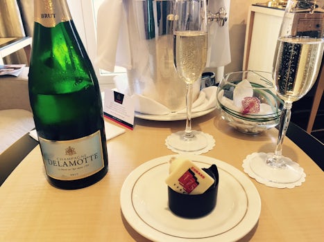 Champagne & chocolates in the suite upon embarkation. Notice the 175 years