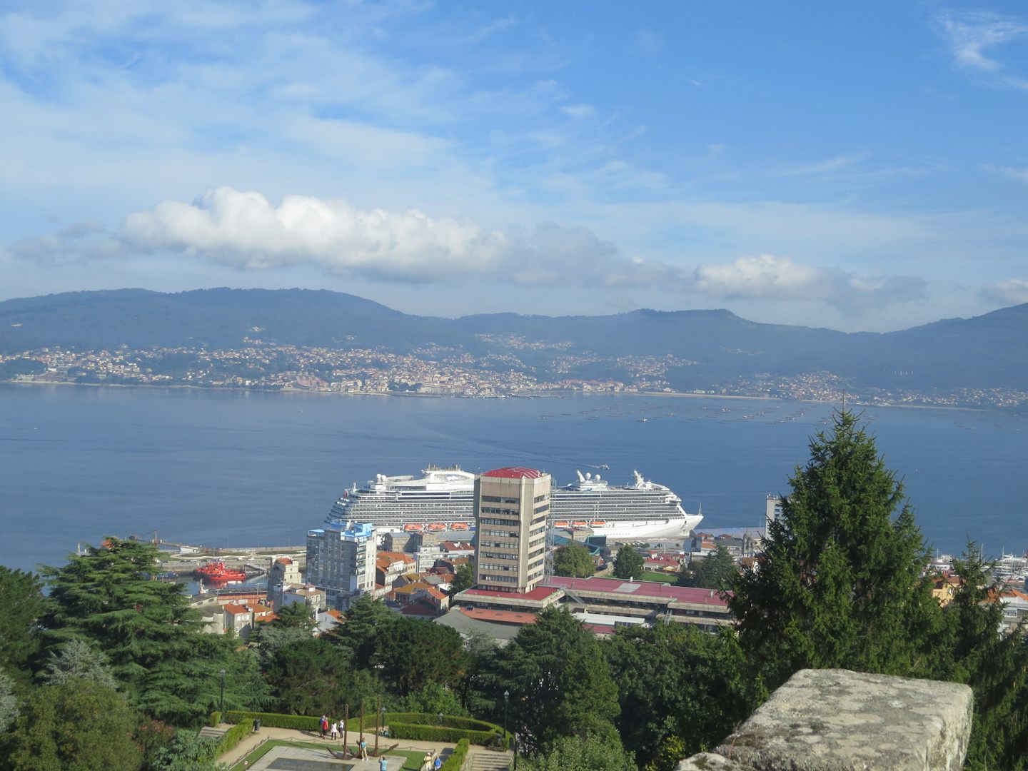 View from top of Castelo Castro, Vigo, Spain with view of our ship
