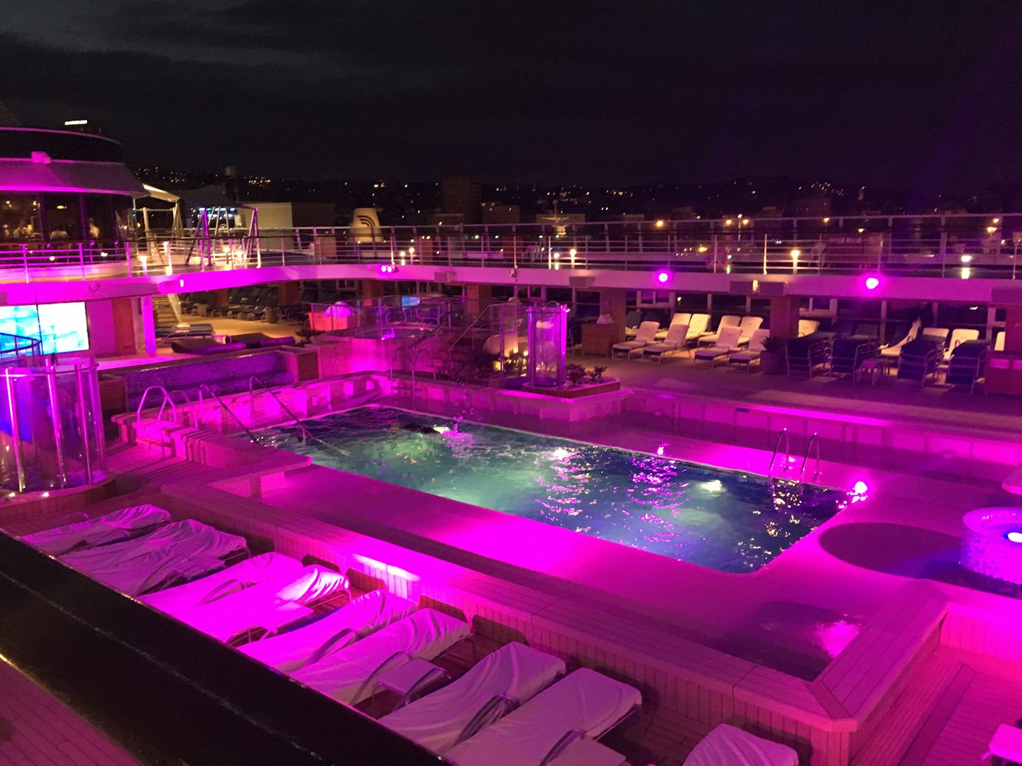 Riviera Pool Deck at night with special lighting