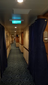 The Blue Quilted Fabric covering my door at embarkation and debarkation.