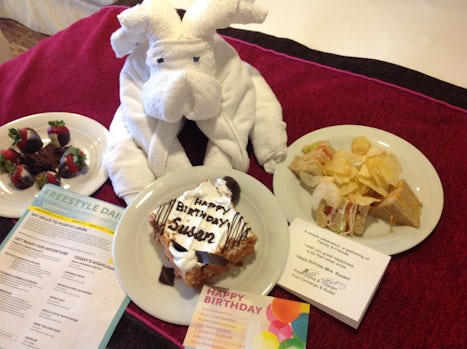 Fun towel art on my birthday and loads of treats from crew