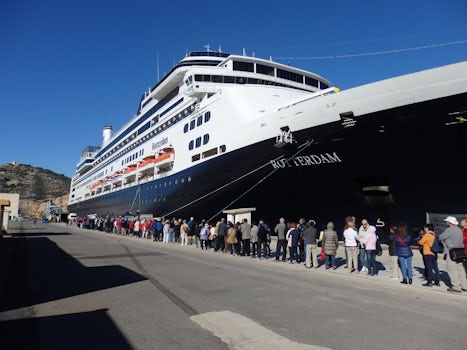 The line for the free shuttle out of the port