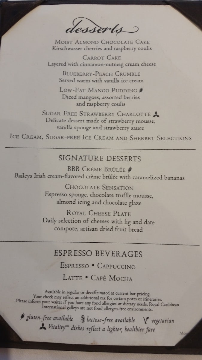 Sample dessert menu