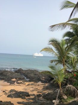 Ship in distance, on Bom Bom Island, great day.