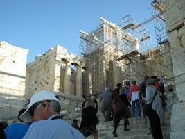 Athens, Greece: We are climbing up the steps of the Parthenon, whose renova