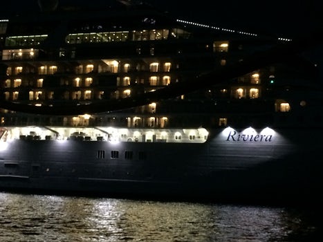 Night photo of riviera from tender - returning from an afternoon in George