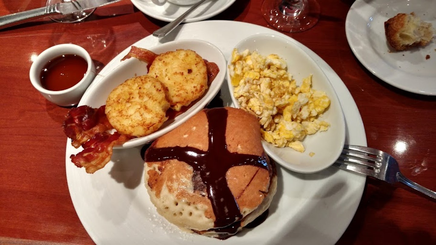 Sea Day Brunch in the Monet Restaurant - chocolate chip pancakes, scrambled eggs